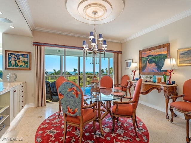 dining room featuring ornamental molding, a chandelier, and light tile patterned floors