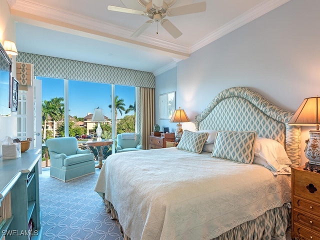 carpeted bedroom with ceiling fan and crown molding