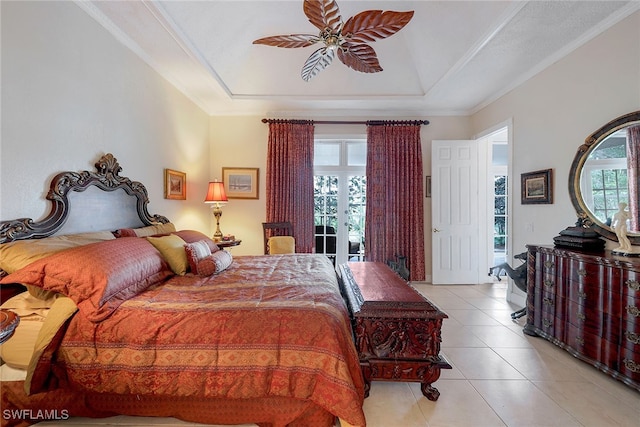 bedroom featuring ornamental molding, access to outside, ceiling fan, and light tile patterned floors