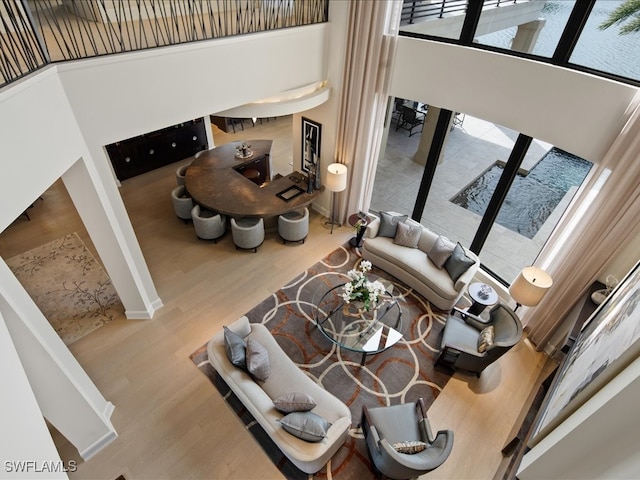 living room with a towering ceiling and hardwood / wood-style flooring