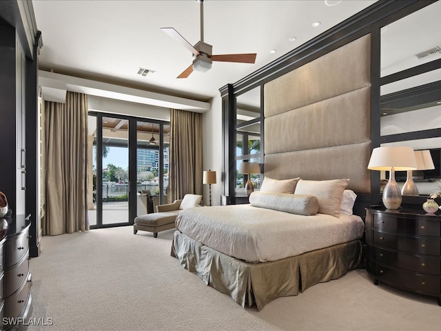 bedroom featuring carpet flooring, ceiling fan, and access to outside