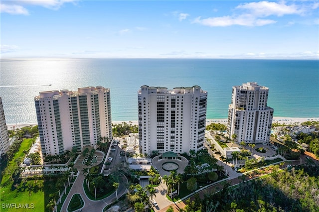 birds eye view of property with a water view and a beach view