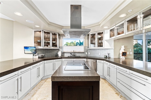 kitchen with dishwasher, black electric stovetop, sink, white cabinetry, and island exhaust hood