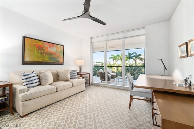 living room with ceiling fan