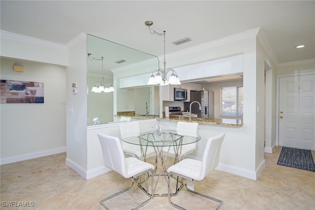 dining space with crown molding, light tile patterned flooring, sink, and a notable chandelier