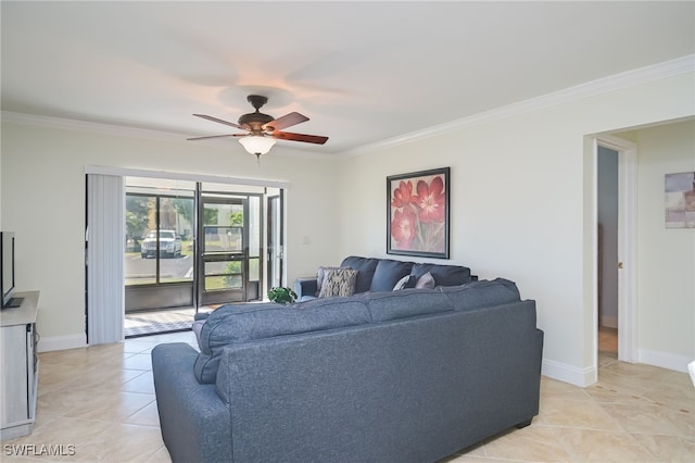 tiled living room featuring ceiling fan and crown molding