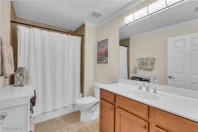 full bathroom featuring ornamental molding, vanity, toilet, and shower / bath combo with shower curtain