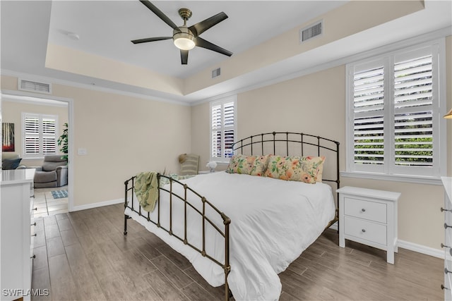 bedroom featuring multiple windows, wood-type flooring, ceiling fan, and a raised ceiling