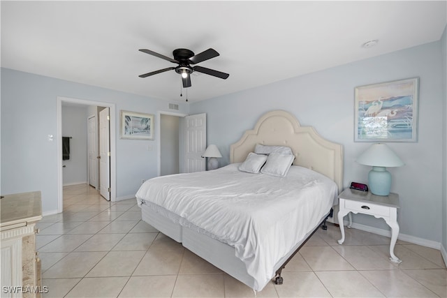 tiled bedroom with ceiling fan