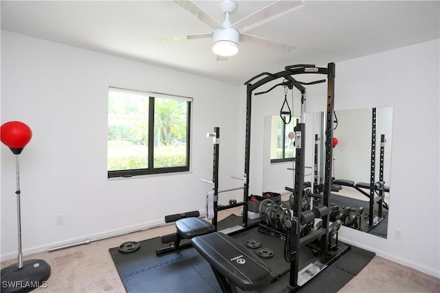 5754 Deauville Cir Unit E104, Naples, FL 34112 - exercise room with a ceiling fan, carpet floors, and baseboards