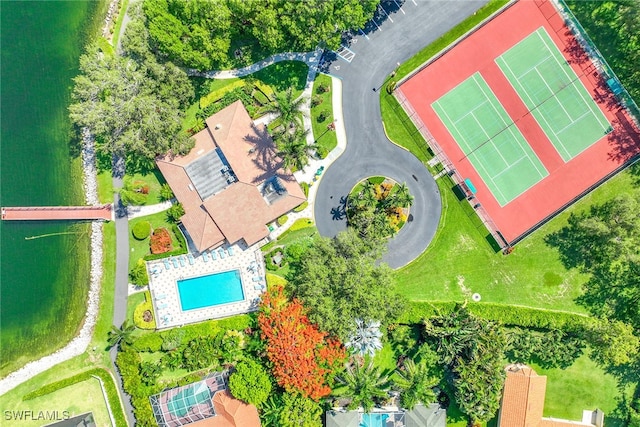 aerial view featuring a water view