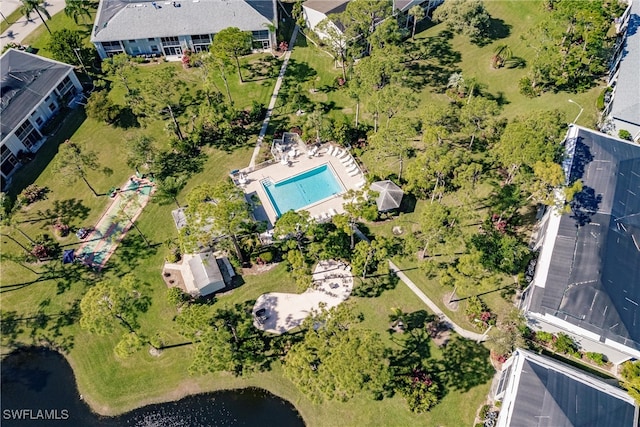 aerial view featuring a water view