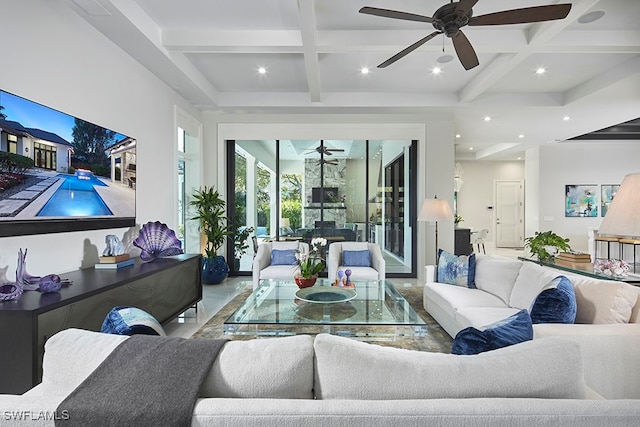 living room featuring ceiling fan, beam ceiling, and coffered ceiling