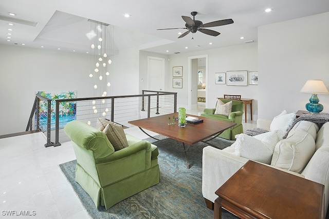 living room featuring ceiling fan