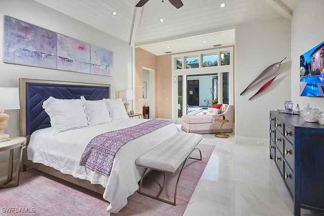 bedroom featuring high vaulted ceiling, beamed ceiling, wood ceiling, and ceiling fan