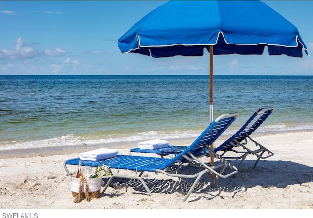 dock area featuring a beach view and a water view