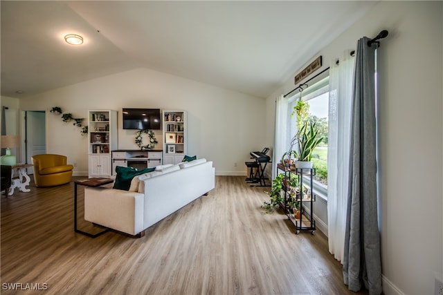 living room featuring vaulted ceiling and hardwood / wood-style flooring