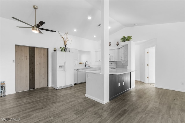 1905 SW 11th St, Cape Coral, FL 33991 - kitchen featuring white appliances, a ceiling fan, light countertops, dark wood finished floors, and high vaulted ceiling