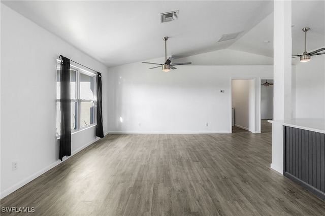 1905 SW 11th St, Cape Coral, FL 33991 - unfurnished living room with a ceiling fan, wood finished floors, baseboards, and lofted ceiling