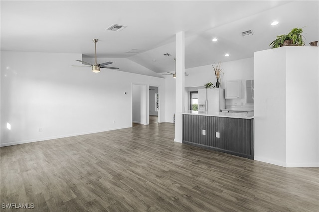 1905 SW 11th St, Cape Coral, FL 33991 - unfurnished living room featuring ceiling fan, vaulted ceiling, wood finished floors, recessed lighting, and baseboards