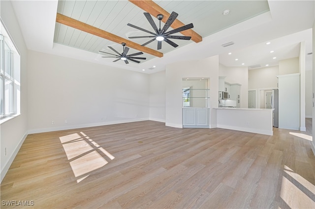 unfurnished living room featuring wooden ceiling, a healthy amount of sunlight, and light hardwood / wood-style flooring