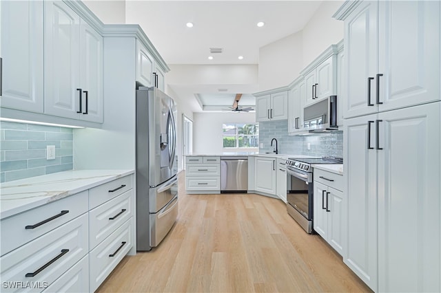 kitchen with ceiling fan, tasteful backsplash, white cabinetry, appliances with stainless steel finishes, and light hardwood / wood-style floors