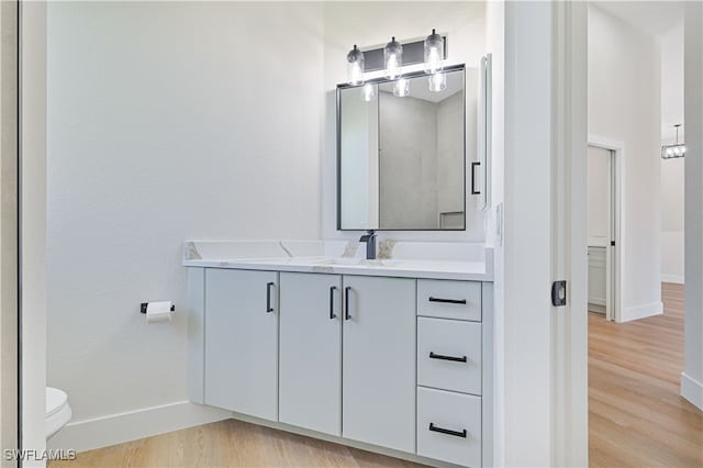 bathroom with vanity, toilet, and hardwood / wood-style flooring