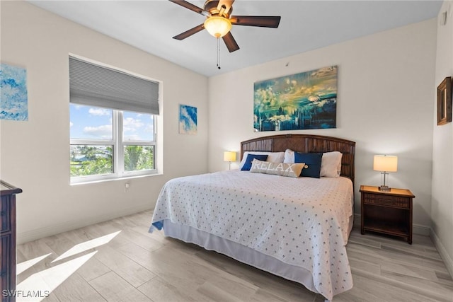 bedroom featuring ceiling fan and light wood-type flooring