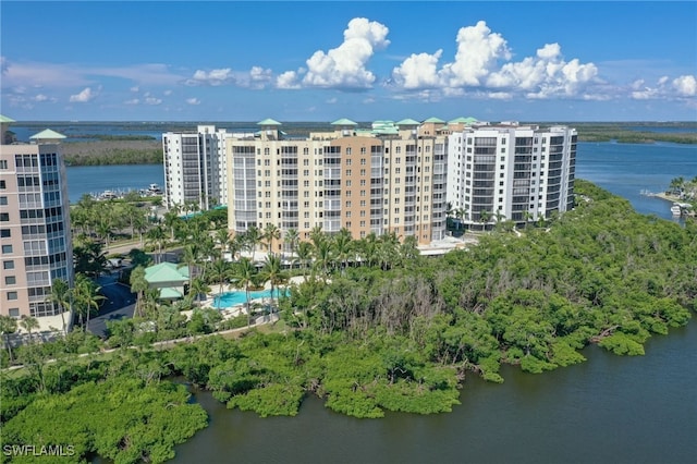 drone / aerial view featuring a water view