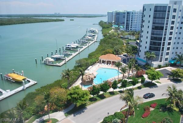 aerial view featuring a water view