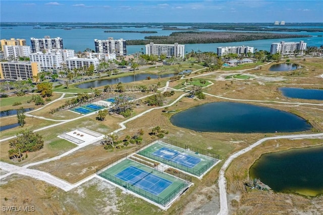 birds eye view of property featuring a water view