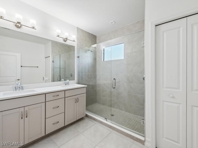 bathroom with tile patterned flooring, vanity, and an enclosed shower