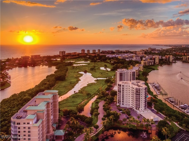 birds eye view of property with a view of city and a water view