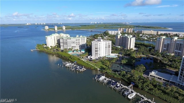 drone / aerial view featuring a water view and a city view