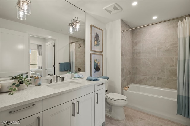 bathroom featuring visible vents, toilet, tile patterned flooring, shower / bath combination with curtain, and vanity