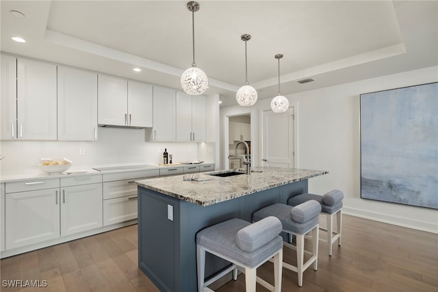 kitchen with a tray ceiling, white cabinetry, a sink, and light wood-style flooring