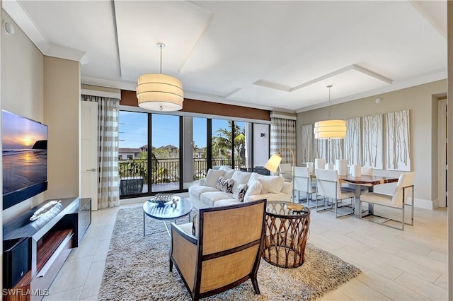 living room with ornamental molding