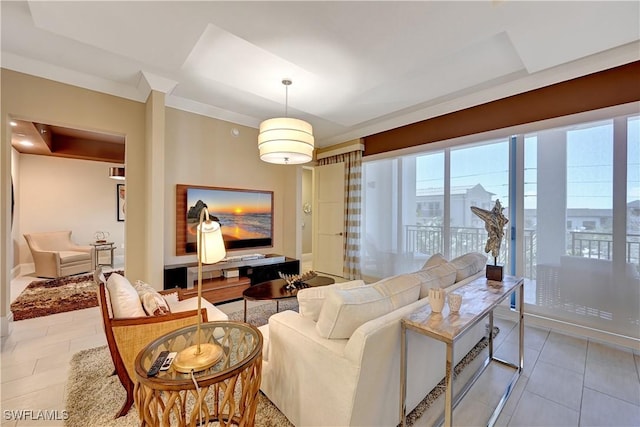 living room featuring light tile patterned flooring