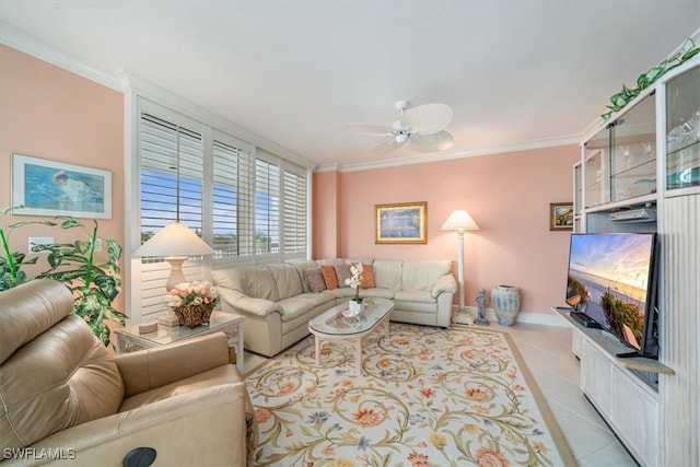 tiled living room with crown molding and ceiling fan