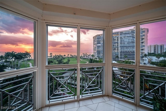 interior space featuring a water view