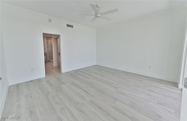 unfurnished room with ceiling fan, light hardwood / wood-style flooring, and ornamental molding