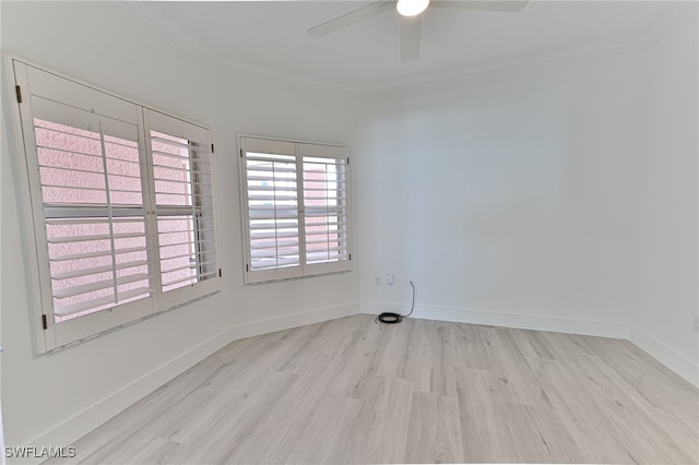 unfurnished room with light hardwood / wood-style floors, ceiling fan, and crown molding