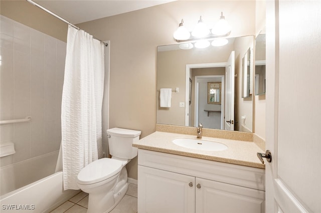 full bathroom with shower / tub combo with curtain, vanity, toilet, and tile patterned flooring