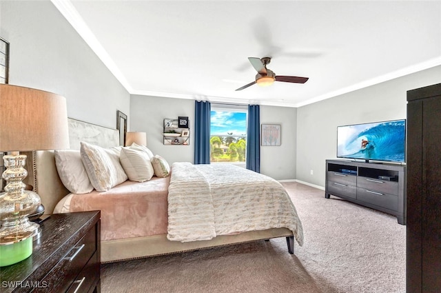 bedroom featuring ornamental molding, carpet, ceiling fan, and baseboards