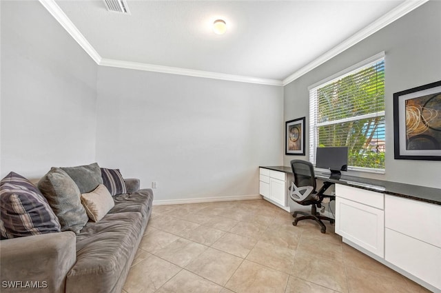 home office with light tile patterned floors, visible vents, baseboards, and crown molding