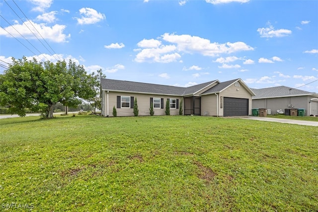 ranch-style house with a front yard and a garage