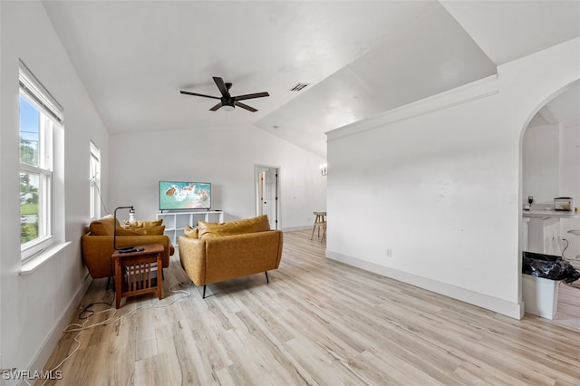 sitting room featuring light hardwood / wood-style flooring, a wealth of natural light, and vaulted ceiling