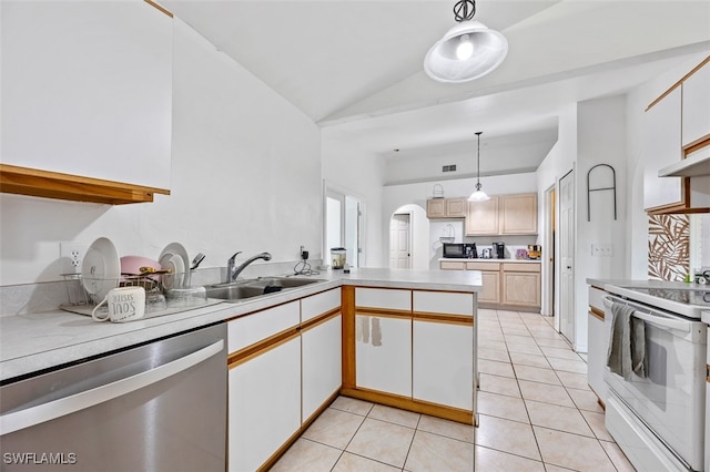 kitchen featuring light tile patterned flooring, hanging light fixtures, kitchen peninsula, stainless steel dishwasher, and white range with electric cooktop