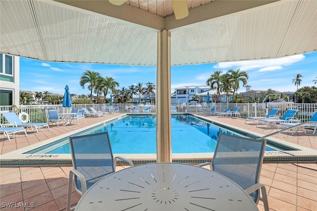 view of swimming pool with a patio and ceiling fan