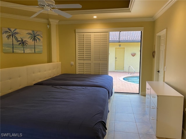 bedroom featuring ornamental molding, ceiling fan, and light tile patterned flooring